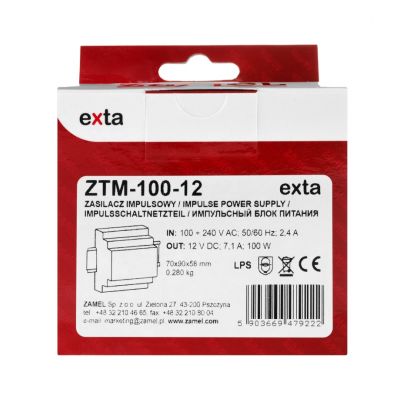  Zasilacz impulsowy montowany na szynie TH-35 (DIN) 100W 12V DC TYP: ZTM-100/12 ZAMEL (EXT10000285-WUN)